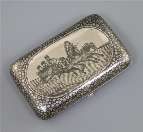 A late 19th century Russian 84 zolotnik silver and niello cigarette case by Gustav Klingert, gross 161 grams.